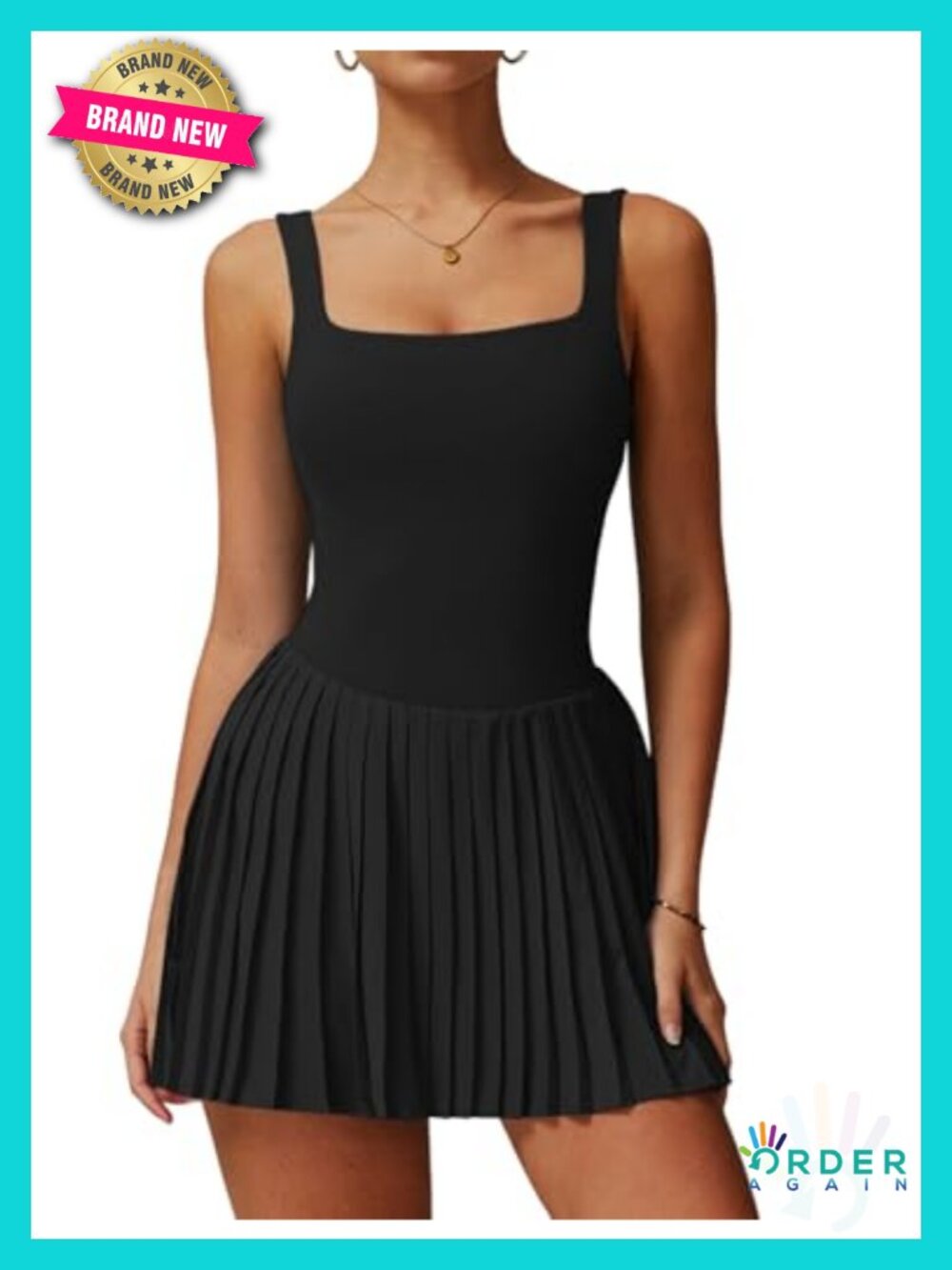 Tennis Golf Dress with Built-in Bra Shorts Backless Square Neck Pleated Hem